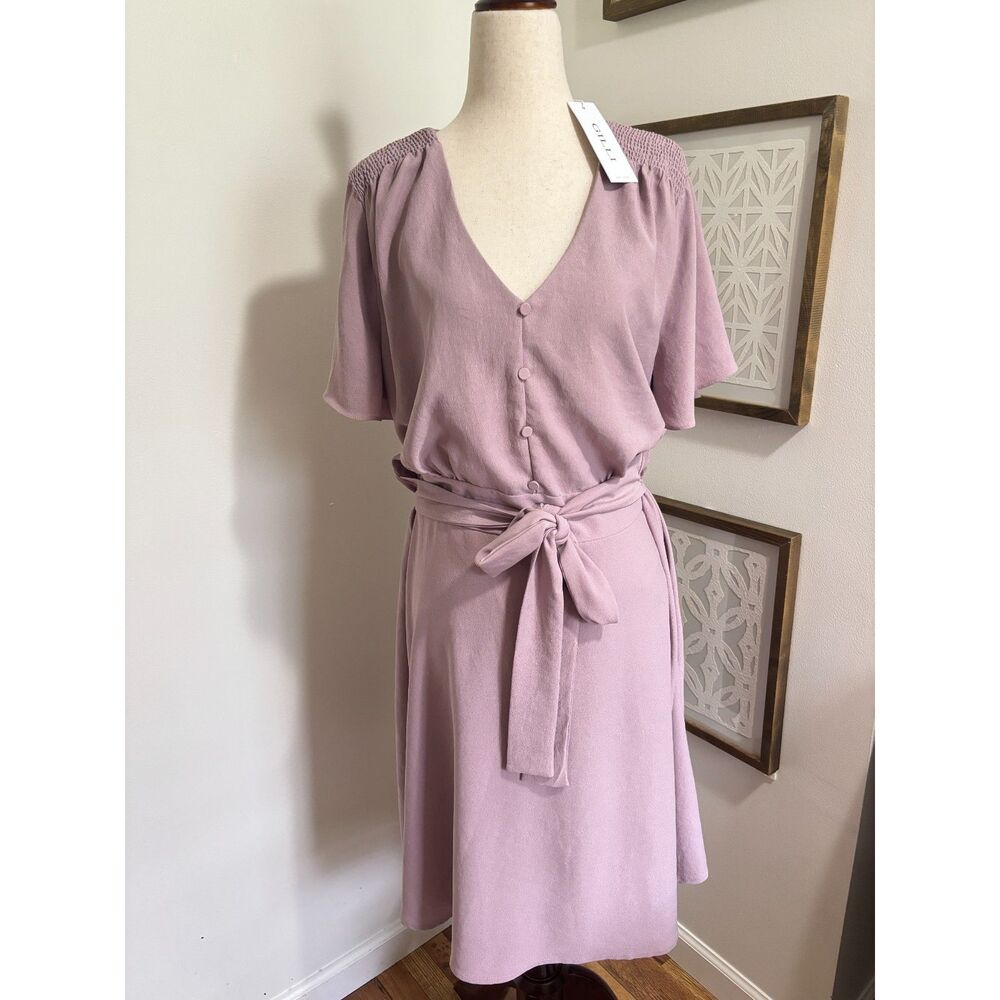 NEW Mauve Wrap Midi Dress‎ Womens 2X Tie Waist Button Front Wedding Guest